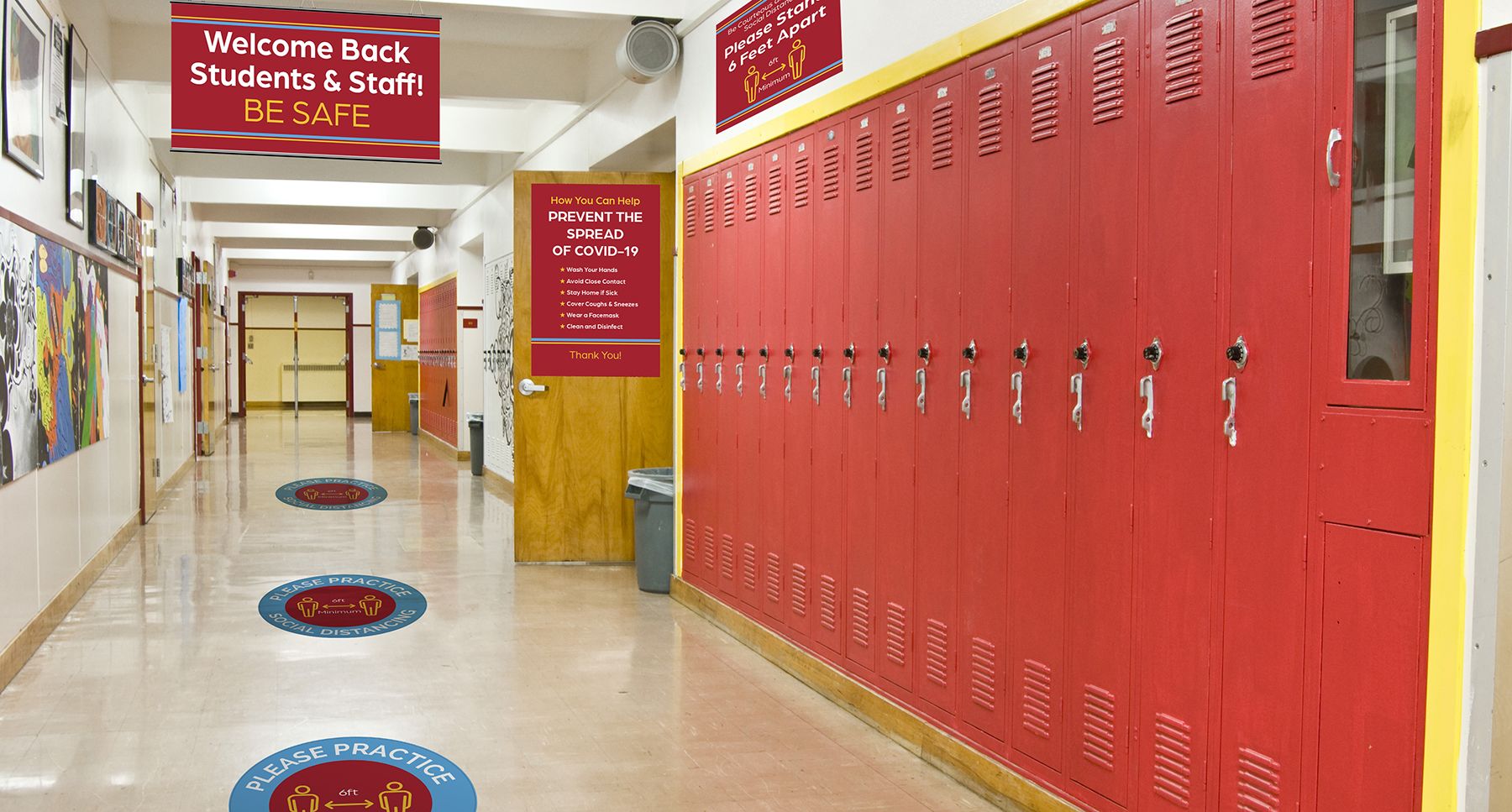 School Hallway with Reopening Signs and Graphics